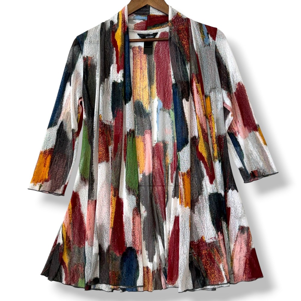 Ali Miles Cardigan S Sheer Mesh Open Front Jacket Abstract Brushstroke Artsy